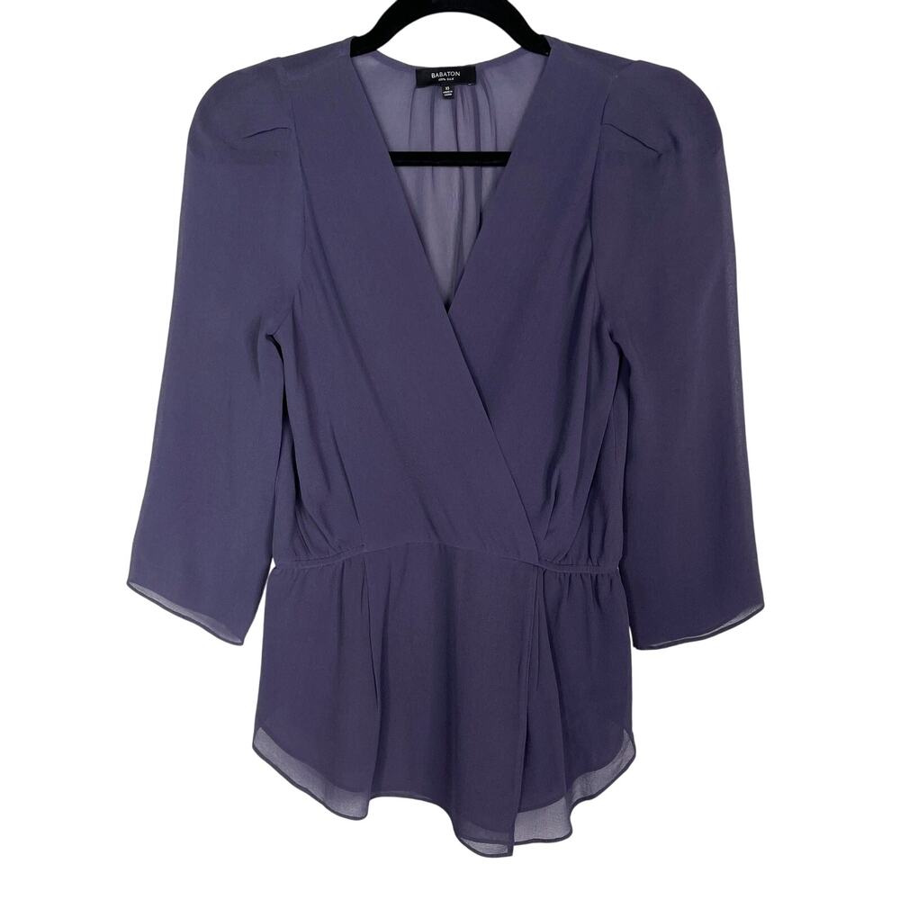 Aritzia Babaton XSmall XS Purple Silk Cinch Waist V Neck 3/4 Sleeve Blouse Top